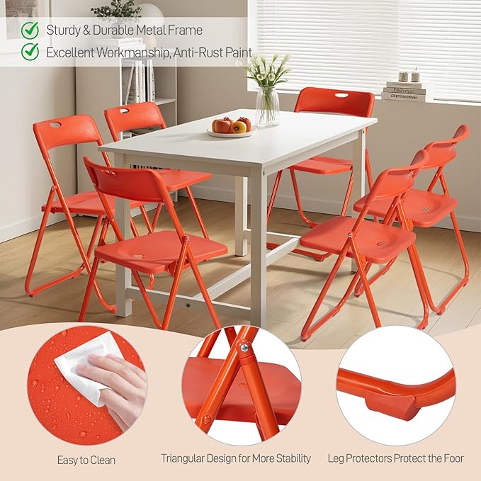 Karl home 6 Pcs Folding Chair, 300LBS Lightweight Foldable Plastic Chair, Reinforced Metal Frame Easy to Fold & Store for Indoor & Outdoor, Wedding, Party, Meeting Room, Patio and Garden, Orange