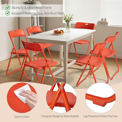 Karl home 6 Pcs Folding Chair, 300LBS Lightweight Foldable Plastic Chair, Reinforced Metal Frame Easy to Fold & Store for Indoor & Outdoor, Wedding, Party, Meeting Room, Patio and Garden, Orange