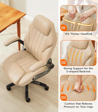 Office Desk Chair, Ergonomic Computer Chair with Padded Flip-Up Arms and Adjustable Lumbar Support, PU Leather Executive Chair with Tilt Lock and 360° Swivel Rolling Wheels for Work, Study