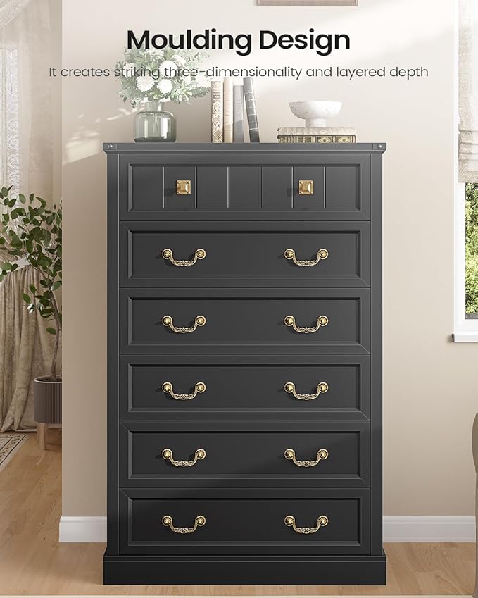 AOGLLATI Farmhouse Dresser with 6 Drawers, 51.2”Tall Wooden Chest of Drawers with Natural Texture, Vintage Design, Black Dresser for Bedroom, Black