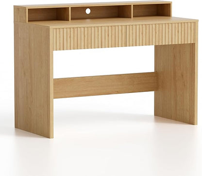 47" Executive Desk with Fluted Drawer, Modern Home Office Desk with Long Monitor Stand and 2 Drawers, Computer Writing Desk for Study Office Vanity, Nautral Oak