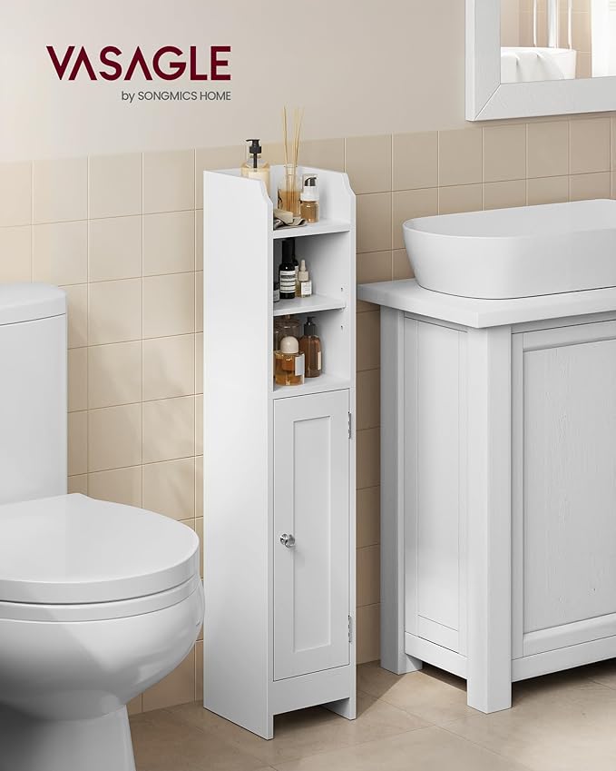 VASAGLE Small Storage Corner Floor Cabinet with Door, 7.9 x 7.1 x 36.2 Inches, Narrow Toilet Paper Storage Holder, Adjustable Shelves, for Bathroom, Living Room, Small Spaces, Cloud White UBBC311W01