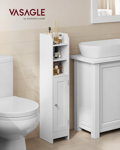 VASAGLE Small Storage Corner Floor Cabinet with Door, 7.9 x 7.1 x 36.2 Inches, Narrow Toilet Paper Storage Holder, Adjustable Shelves, for Bathroom, Living Room, Small Spaces, Cloud White UBBC311W01