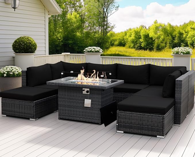NICESOUL Large Size 9 Piece Patio Conversation Set with Fire Pit Table Propane/Gas, 29.3'' High Back Outdoor Furniture Sectional Set, Heavyweight Rattan Contemporary Sofa, 2 Color Cushion Black &Gray