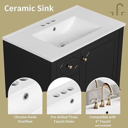 Bathroom Vanity with Ceramic Sink 30 inch, Multi-Functional Storage Cabinet with Drawers and Door Shelf, Solid Wood Frame, Soft-Closing Door, Black
