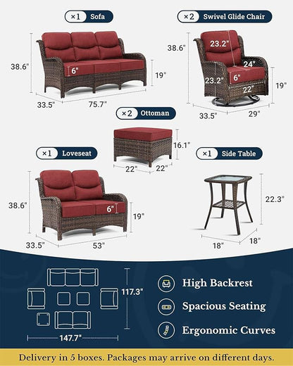 HILLGA Luxury Patio Furniture Set with 6-inch Thick Cushion, Outdoor Couch, Loveseat and High Back Swivel Rocker Patio Chairs, 7PCS Wicker Conversation Set for Deck Yard and Poolside, Burgundy (V2)