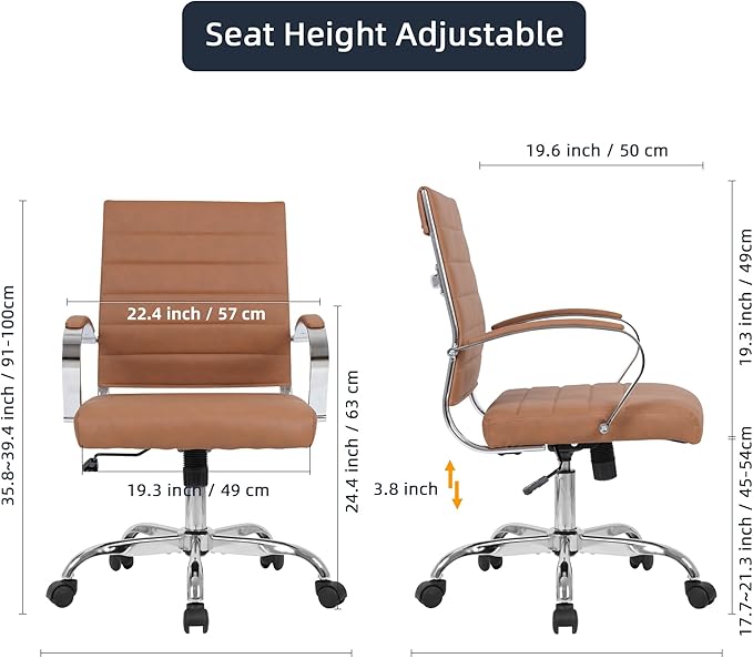 LANDSUN Home Office Chair Mid Back Desk Chair PU Leather Ribbed Executive Swivel Computer Chair with Wheels and Armrests Soft Padded Adjustable Height Conference Task Brown