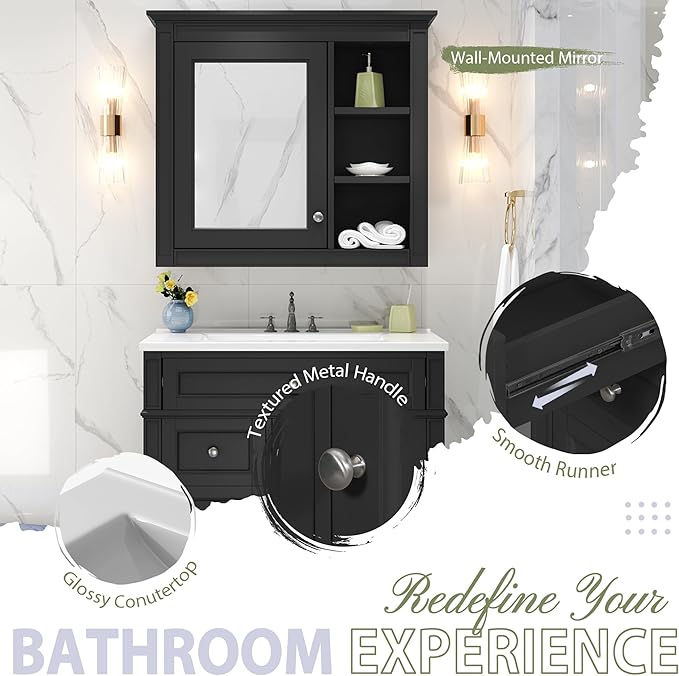 30" Bathroom Vanity with Matching Medicine Cabinet, Modern Sink Storage Cabinet with Drawers, Soft Closing Doors and Shelf, Bathroom Vanities with Sink & Mirror