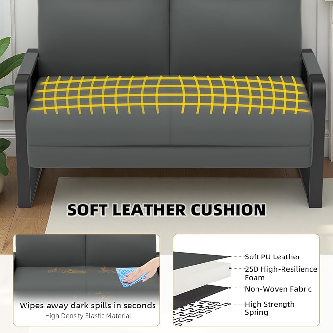 Faux Leather Loveseat Couch for Living Room Bedroom Office, Small Sofa 2 Seater Couch with Flip Up Tray Table Side Pockets Leather Loveseats, Gray