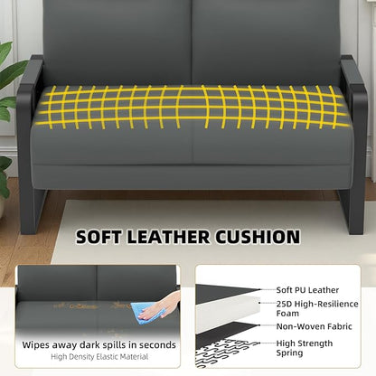 Faux Leather Loveseat Couch for Living Room Bedroom Office, Small Sofa 2 Seater Couch with Flip Up Tray Table Side Pockets Leather Loveseats, Gray