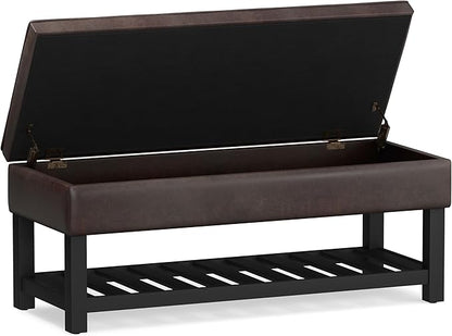 SIMPLIHOME Cosmopolitan 44 inch WideTransitional Rectangle Storage Ottoman Bench with Open Bottom in Distressed Brown Vegan Faux Leather, Assembled for the Living Room and Bedroom