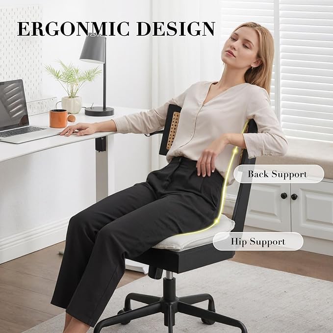 Home Office Desk Chair with Wheels, Ergonomic Computer Task Chair with Rattan Back, Adjustable Height Armless Swivel Chair with Removable Cushion for Small Space, Black
