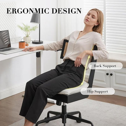 Home Office Desk Chair with Wheels, Ergonomic Computer Task Chair with Rattan Back, Adjustable Height Armless Swivel Chair with Removable Cushion for Small Space, Black