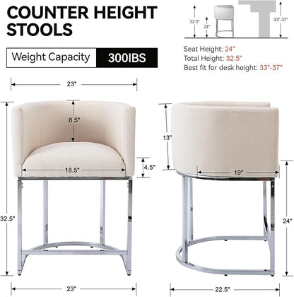 Contemporary Cream Linen Bar Stools Set of 3, 24" Upholstered Fabric Counter Height Barstools Kitchen Counter Island Stools with Screwed Together Chrome Finish Base