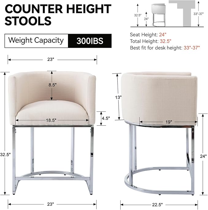 Contemporary Cream Linen Bar Stools Set of 2, 24" Upholstered Fabric Counter Height Barstools Kitchen Counter Island Stools with Screwed Together Chrome Finish Base