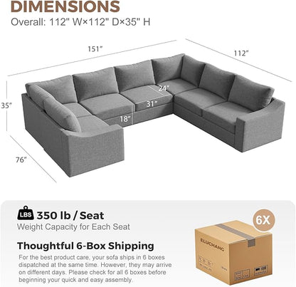 ABCASA Oversized 136" Modular Sectional Sofa, Deep Seat U Shaped Couches for Living Room, Breathable Linen Fabric Corner Couch, Easy to Assemble, Grey