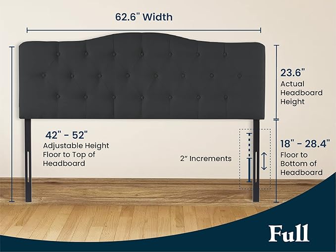 Naomi Home Cassandra Full Size Bed Headboard, Square Tufted, White Linen Fabric, Height Adjustable 42"-52", Metal Legs, Wall/Bed Mount