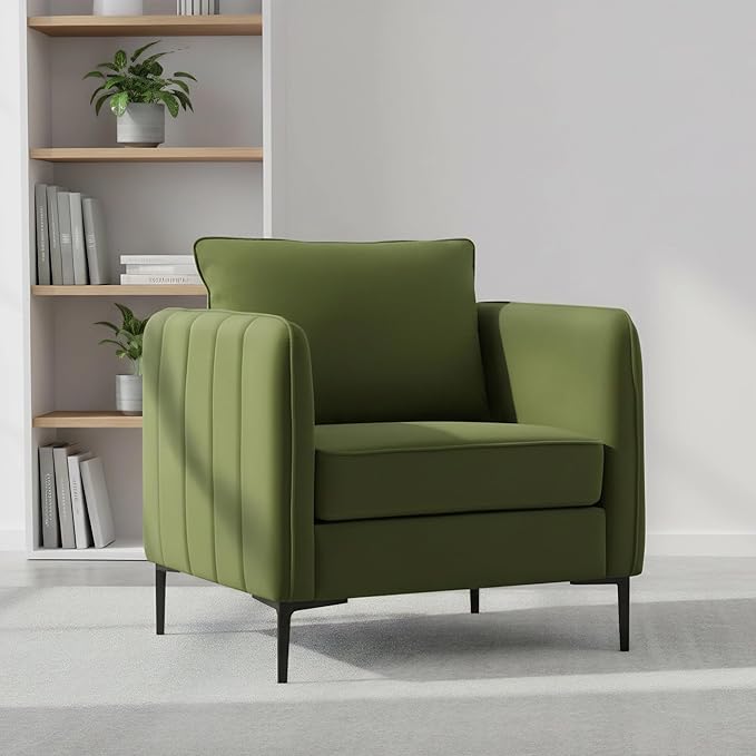 Velvet Accent Chair, Comfy Upholstered Single Sofa Chair Mid-Century Modern Armchair with Thick Cushion and Wood Frame Side Chair for Living Room Bedroom Apartment (Green)