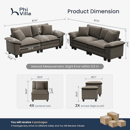 PHI VILLA Cloud Modular Couches Sets, 2 Pieces Sectional Loveseat Sofa Set, 4-Seater Comfy Couch for Living Room Apartment, Chenille Fabric, Smoky Grey