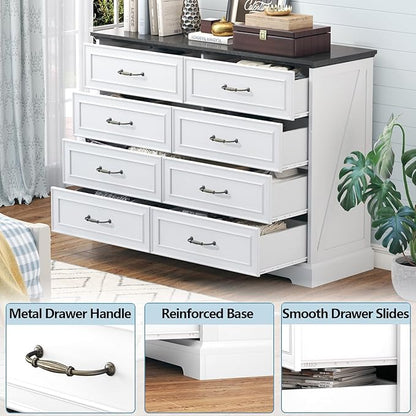 8 Drawer Dresser for Bedroom, 47" Wide Wooden Chest of Drawers, Rustic Farmhouse Dresser with Large Drawers & Metal Handles, Modern Storage Organizer for Closet, Living Room, Hallway, White