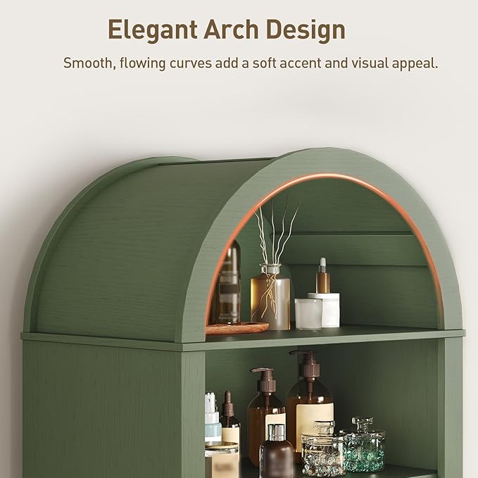 66" Tall Bathroom Storage Cabinet with Flip Drawer, Freestanding Storage Cabinet with Doors & Shelves,Arched Cabinets for Bathroom, Living Room, Kitchen, Laundry, Green