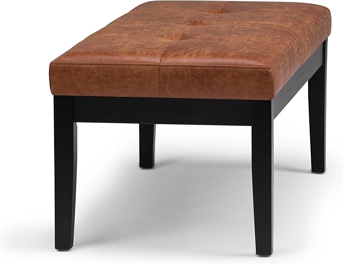SIMPLIHOME Lacey 41 inch Wide Contemporary Rectangle Tufted Ottoman Bench in Distressed Saddle Brown Vegan Faux Leather, Assembled, For the Living Room and Bedroom