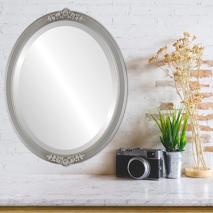 OVALCREST Oval Beveled Wall Mirror for Home Decor - Athena Style - Silver Shade - 26" x 20" Outside Dimensions