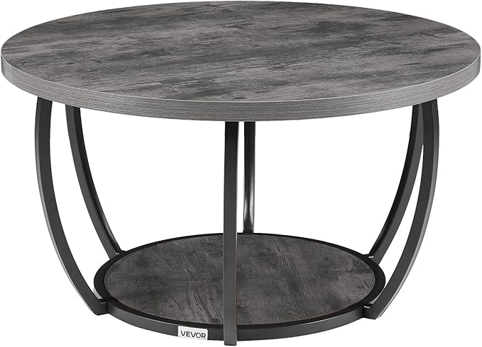 VEVOR Coffee Table, Modern Round Coffee Table, 2 Tiers Wooden Circle Center Desk with Open Storage, Minimalist Sturdy Metal Frame Accent End Desk for Living Room, Office, Easy Assembly, Grey