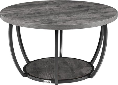 VEVOR Coffee Table, Modern Round Coffee Table, 2 Tiers Wooden Circle Center Desk with Open Storage, Minimalist Sturdy Metal Frame Accent End Desk for Living Room, Office, Easy Assembly, Grey
