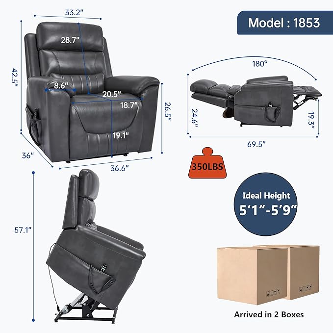 Power Lift Recliner Chair for Elderly People, Dual Motor Lay Flat Recliner with Vibration Massage and Heat, Heavy Duty Motion Mechanism Standing Assistance Reclining Chair, Faux Leather Dark Gray