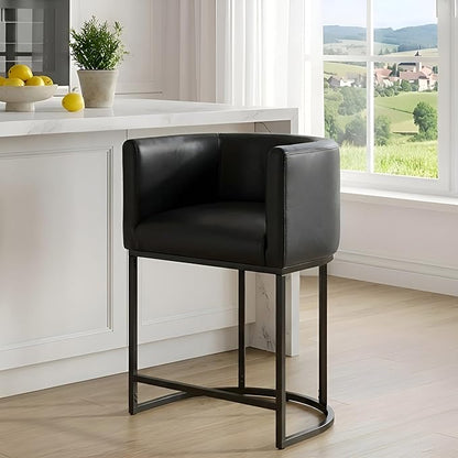 PU Leather Bar Stools, Modern Upholstered Counter Height Bar stools 24" Leather Barstools Barrel Kitchen Counter Island Stools with Black Metal Base, Black