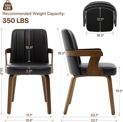 Kitchen Dining Chairs Set of 2, Faux Leather Upholstered Dining Room Chairs with Wood Arms and Legs, Mid Century Modern Kitchen Side Chair for Living, Bedroom, Restaurant, Walnut/Black
