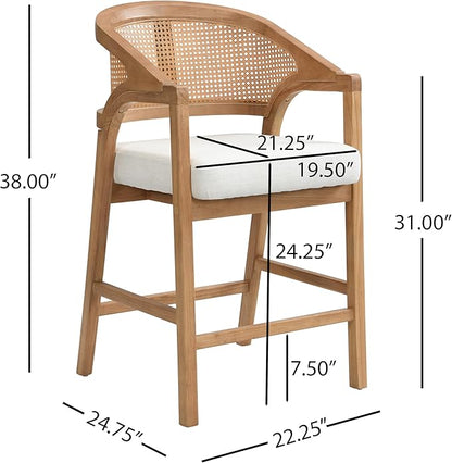 Christopher Knight Home Set of 2 Morley Wooden Counter Height Bar Stool, Kitchen Island Barstool with footrest, Curved Backrest Dining Chair, Soft Removable Cushions, Beige+Natural
