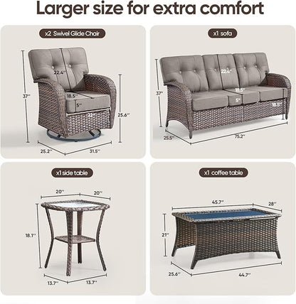 5-Piece Rotating Balcony Chair Set with 31-inch T-Shaped Wide backrest - Rattan Outdoor Rotating Balcony Chairs, Wide backrest Comfortable Outdoor Sliding Chair - Brown | Grey