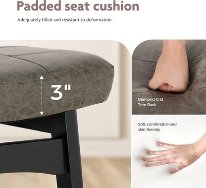 ALPHA HOME Bar Stools Set of 3, Solid Wood Saddle Kitchen Stools with Grey PU Leather Cushion Counter Height Barstools with Wooden Base for Kitchen Dining Cafe, 24 Inch, Grey, 3PCS