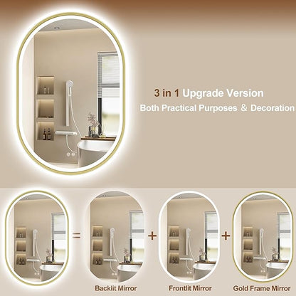S'bagno Oval-Led-Bathroom-Mirror with Golden Frame Dimmable Brightness, Lghted-Bathroom-Mirror with Defogger, Touch-Buttons, Lights Color Changing, Vertical and Horizontal