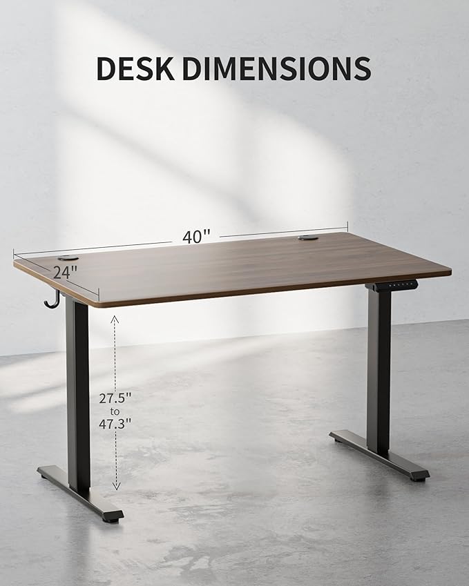 FEZIBO One-Piece Standing Desk Adjustable Height Stand up Home Office Desk, 40x24 Inch Electric Standing Computer Desk, with 4 Memory Presets, Headphone Hook, Black Walnut