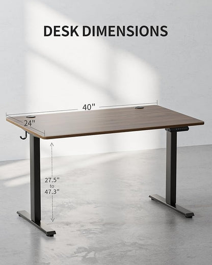 FEZIBO One-Piece Standing Desk Adjustable Height Stand up Home Office Desk, 40x24 Inch Electric Standing Computer Desk, with 4 Memory Presets, Headphone Hook, Black Walnut