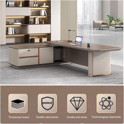 78IN L Shaped Executive Desk - Executive Office Desk with Side Cabinet & Grille Front Baffle & Embedded LED Strip & Mechanical Password Lock & Double-Layer Countertop & Gold Foot Pad