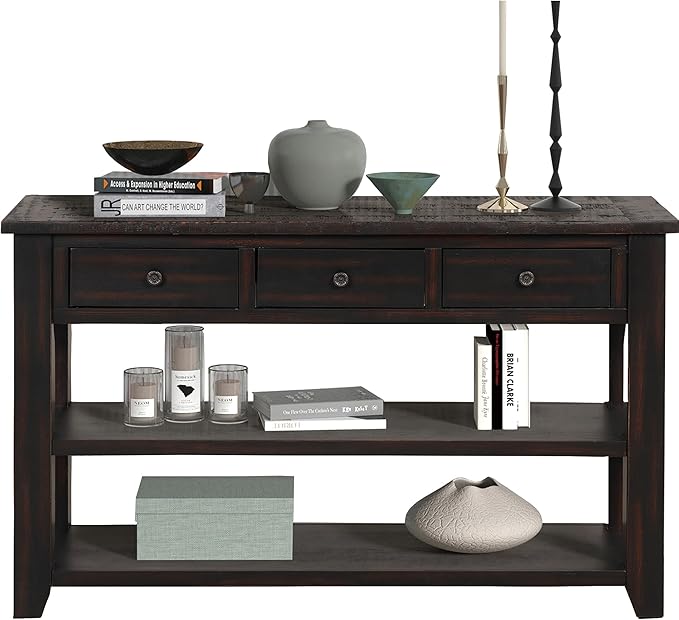 LKTART Solid Wood Console Table,Sofa Table with Storage Drawers and Bottom Shelf,Entryway Table for Entry Hallway Foyer,Easy Assembled (48.8" Distressed Black)