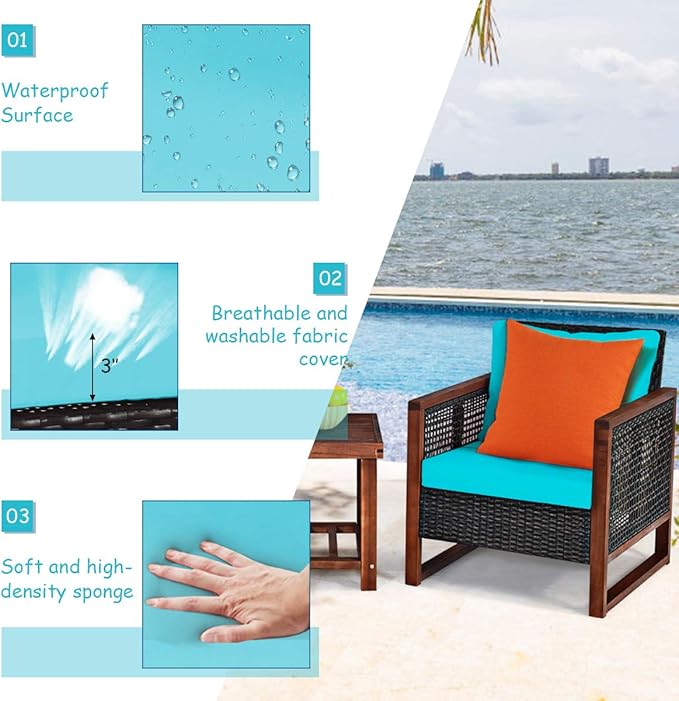 COSTWAY 3 Pieces Wicker Patio Furniture Set, Outdoor Wicker Sofa with Acacia Wood Frame, Coffee Table & Washable Cushions, Rattan Conversation Sets for Yard, Porch, Bistro Balcony Backyard, Turquoise