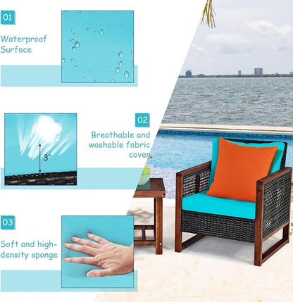 COSTWAY 3 Pieces Wicker Patio Furniture Set, Outdoor Wicker Sofa with Acacia Wood Frame, Coffee Table & Washable Cushions, Rattan Conversation Sets for Yard, Porch, Bistro Balcony Backyard, Turquoise