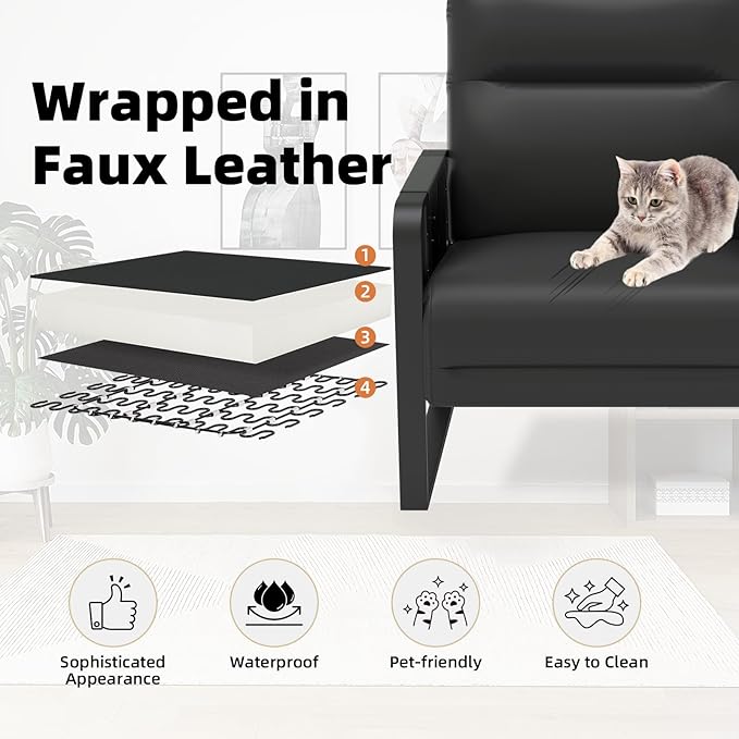 Faux Leather Accent Chair Set of 2, Upholstered Armchair with Side Tray & Pocket, Comfy Reading Chair for Living Room, Bedroom, Guest Room, Black