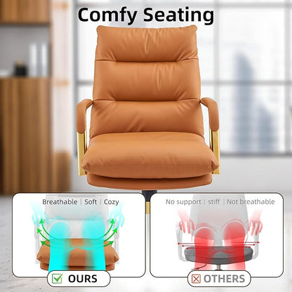 Leather Gold Home Office Desk Chair, Executive Comfy Desk Chair with Support Armrests, Swivel Wheels, Height Adjustable, Mid Back, 360 Swivel, Computer Chair for Office Room, Brown