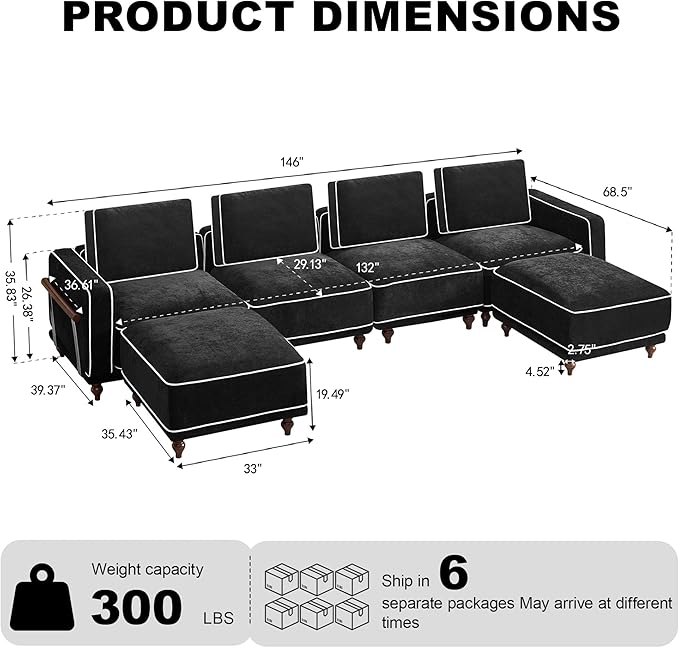 146" 4 Seater Cloud Couch with 2 Ottoman,Modular Sectional U Shaped Sofa with Armrests Wooden Legs,Oversized Deep Seat Comfy Thicked Cushion Upholstered Sofa for Living Room Bedroom,Black