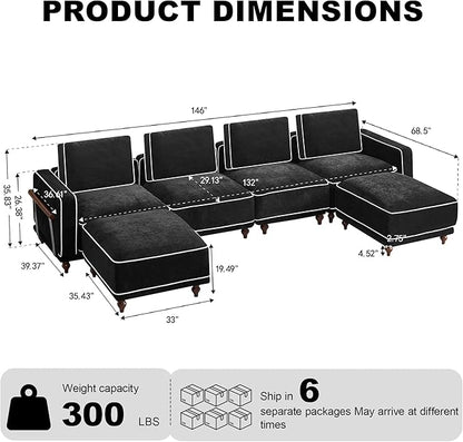 146" 4 Seater Cloud Couch with 2 Ottoman,Modular Sectional U Shaped Sofa with Armrests Wooden Legs,Oversized Deep Seat Comfy Thicked Cushion Upholstered Sofa for Living Room Bedroom,Black