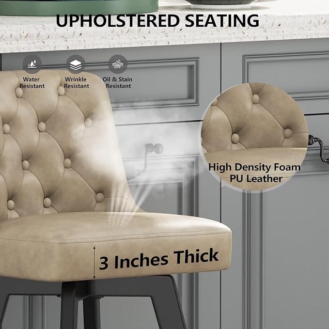 MINCETA Bar Stools Set of 2, PU Leather Barstools, 26 Inch Upholstered Counter Stools with Low Tufted Back and Footrest, Swivel Counter Height Barstools for Kitchen Island Home Bar Khaki