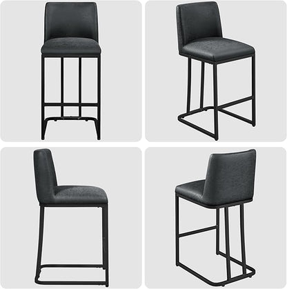 Yaheetech Bar Stools Set of 2, Counter Height Kitchen Stools 24'' Modern Leather Upholstered Bar Chairs with Back and Metal Legs for Kitchen Counter, Dark Gray