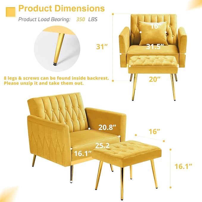 Velvet Accent Chair w/Adjustable Armrests and Backrest, Button Tufted Lounge Chair, Single Recliner Armchair with Ottoman and Pillow for Living Room, Bedroom,Yellow