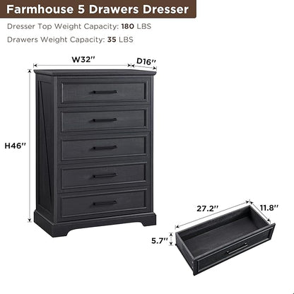 ACCOHOHO Farmhouse 5 Drawers Dresser Chests for Bedroom,46" Tall Wood Rustic Chest of Drawers with Wide Metal Handle,Natural Texture,Drawer Organizer for Bedroom,Living Room,Hallway and Entryway,Black